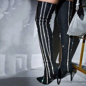 Cape Robbin🔥Black Stiletto Heel Rhinestone Striped Thigh Denim Boots for Women